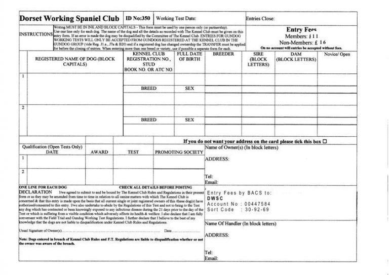Test Entries Test Entry Form – Dorset Working Spaniel Club